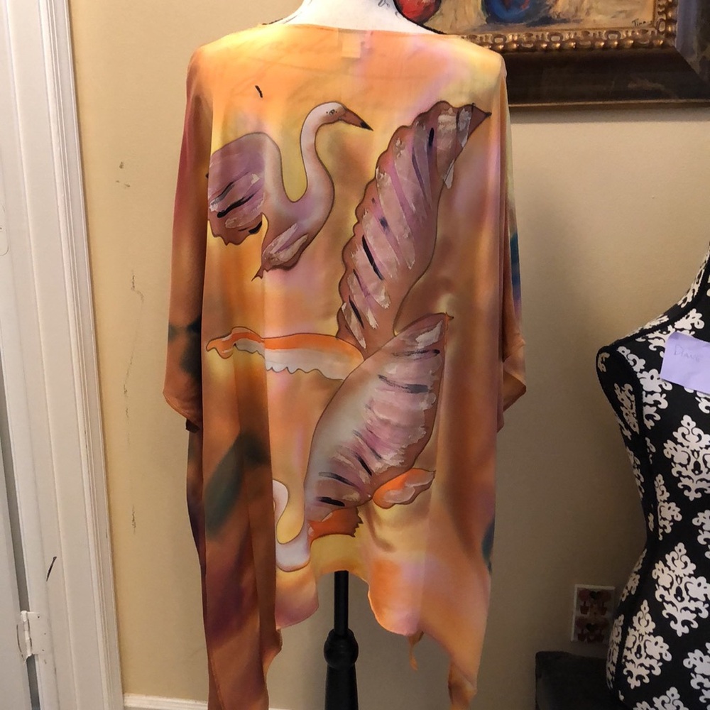 🦢dilemma Dhun Shroff Dolman Sleeved Silk Scarf lightweight painted poncho tunic - Picture 8 of 10